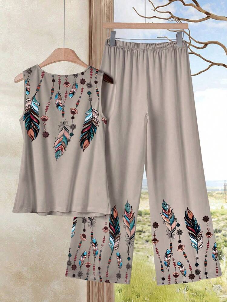 Set de 2 piezas Mujer Casual Parte superior sin mangas con estampado de plumas y Pantalones largos de cintura elástica de unicolor, Adecuado para verano, Adecuado para salir, Ropa casual de otoño