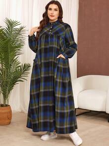 Al Najma Plus Size Women's Casual Plaid Print Stand Collar Long Sleeve Pocket Loose Dress, Suitable For Spring And Autumn - Multicolor - View 3