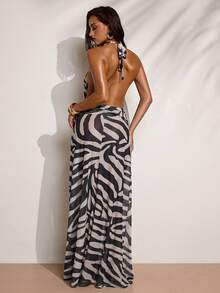 SHEIN BAE Women's Summer Vacation All-Over Print Halter Backless Split Dress - Black and White - View 2