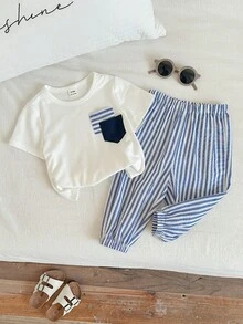 2件套男宝宝可爱夏季度假休闲短袖T恤和松紧腰条纹裤套装，夏季服装 - 彩色 - 查看 1