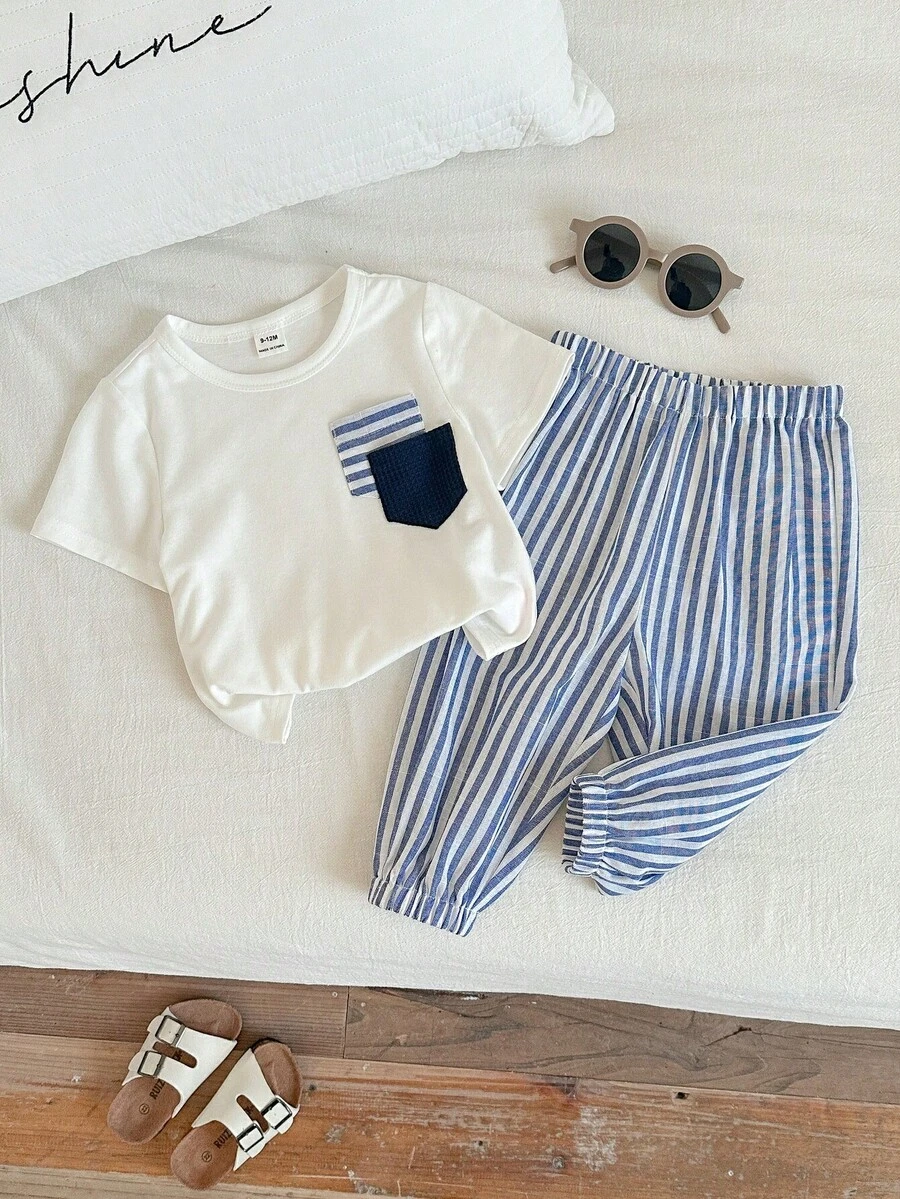 2件套男宝宝可爱夏季度假休闲短袖T恤和松紧腰条纹裤套装，夏季服装 - 彩色 - 查看 1