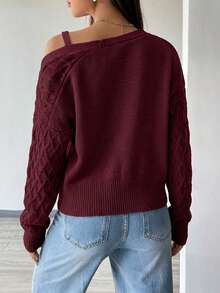 EURMUSE 2 件套女士纯色长袖单排扣开衫和吊带背心针织上衣休闲套装秋冬季 - 酒紅色 - 查看 2