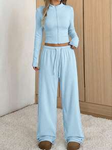 SHEIN EZwear Bộ đồ nữ màu xanh dương ôm dáng gồm áo khoác và quần, kiểu dáng thường ngày, thích hợp cho mùa xuân/hè. Trang phục mùa xuân cho nữ. - Màu xanh lam - Xem 5