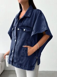 EURMUSE Loose Fit Casual Short Sleeved Denim Jacket - Medium Wash - View 4