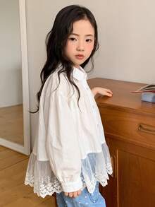 Dazy Kids 女童蕾丝拼接翻领长袖纯色衬衫，春秋季 - 白色 - 查看 5