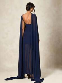 Briarwyn 女士纯色网纱拼接露背优雅收腰长裙，适合派对和聚会 - 藏蓝色 - 查看 2