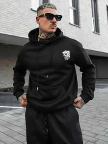 Artur Kramer 男士扑克印花保暖连帽抽绳衫，带口袋，秋冬季长袖上衣 - 黑色 - 查看 6