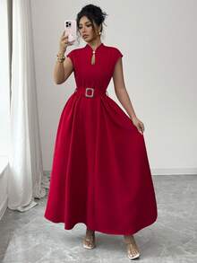 Elenzga Women's Elegant Casual Midi Dress With Romantic French Sicily Inspired Design, Suitable For Commute, Vacation, Afternoon Tea, Valentine's Day Party, Featuring Sweetheart Neck, Waist Tie Belt, Flared Hem, And Pockets, Spring/Summer - Red - View 3