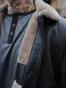 Artur Kramer Chaqueta de cuero con cuello alto, de manga larga, con forro cálido para hombre, de moda y casual, para otoño - Negro - Ver 3