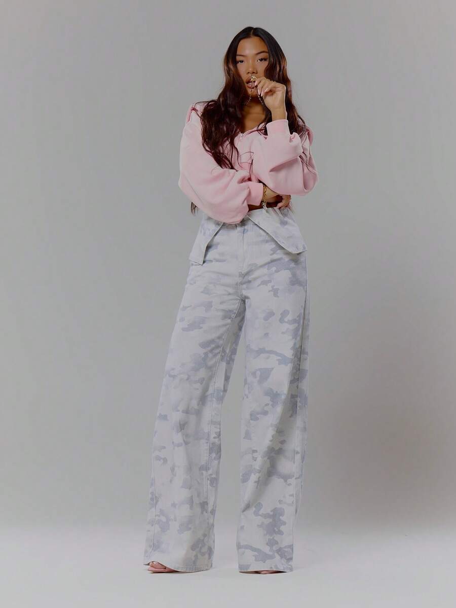 MUSERA Mid Rise Foldover Waist Camo Wide Leg Trousers Streetwear Coolgirl Winter Sexy Casual Odd Drift - Multicolor - View 1