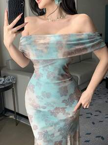 DAZY Women's Elegant Floral One-Shoulder Fishtail Midi Dress, Summer - Green - View 8