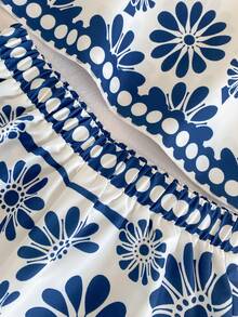 SHEIN 2pcs/Set Tween Girl Blue And White Floral Print Camisole And Shorts,Bohemian Summer Tropical Vacation Holiday Outfit Kids Sleeveless Chic Casual Set - Blue and White - View 9