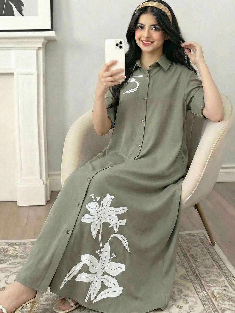 Teens/Teen Girl Casual Vacation V-Neck Button-Up Loose Dropped Shoulder Large Floral Lily Print Turnover Mid-Sleeve Maxi Woven Dress, Gray-Green - Green - View 1