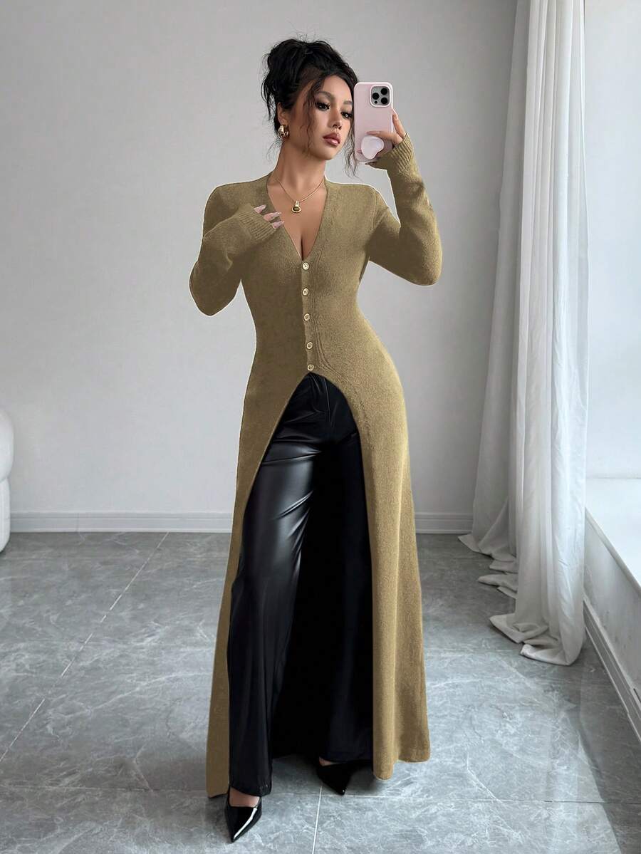 Elenzga Áo khoác cardigan nữ mùa thu/đông, kiểu dáng thường ngày, đa năng, thanh lịch, ôm sát, dài, chất liệu dệt kim nhẹ. - Màu Khaki - Xem 1