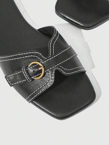 HighSole Sandalias planas de mujer con diseño de hebilla para uso diario - Negro - Ver 4