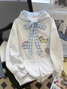 Resyla Women's Cartoon Print Drop Shoulder Long Sleeve Zip Front Sweatshirt