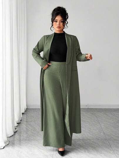 Elenzga Plus Size Women's Textured Fabric Long Cardigan And Pants Set, Elegant For Dates, Gatherings, Office Commute, Military Green Two Pieces Suit, Vintage Style, Suitable For Graduation, Holidays, Valentine's Day, Music Festivals, Mother's Day, Halloween, Thanksgiving, Easter, National Day, Dances, Dates, Parties, Weddings, Outdoor Trips, Etc. Matcha Pant Suit Set Plus Modest Two Piece Set Green Outfits For Women Modest Sets For Women Plus Size Women Clothes 2 Piece Plus Size Pants Suit