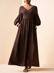 Zivah 2026 Spring/Summer New Music Festival, Easter, St. Patrick's Day, Valentine's Day, Date, Western, Nomadic, Birthday Party, Graduation, College, Student, Daily Wear, Basic Versatile, Casual, Vacation, Cruise Travel, Beach, Sunbathing, Viral , Streetwear, Wedding Guest Boho, Commute, Brunch, Airport, Party, Holiday Outing, Office Wear V-Neck 3/4 Sleeve Puff Sleeve Long A-Line Super Loose Linen Brown Maxi Dress - Brown - View 4