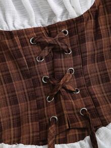 Sweetra French Retro Brown Plaid 2 In 1 Collared Design Tie-Up Fitted Long Sleeve Blouse, Spring/Autumn Women - Multicolor - View 4