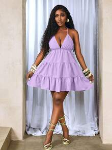 BamGleam Women's Solid Color Minimalist Casual Backless Tie Strap Dress - Mauve Purple - View 3