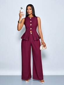 SOLERSUN 女士纯色极简无袖前金属纽扣腰部A字褶裥下摆背心和阔腿裤套装 - 酒紅色 - 查看 6