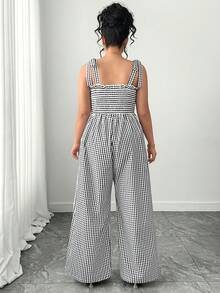 Elenzga Bộ áo liền quần nữ cỡ lớn kiểu dáng thường ngày, chất liệu dệt kim, dây buộc, họa tiết kẻ caro bất đối xứng, màu đen trắng, thích hợp cho mùa hè. - Đen và trắng - Xem 4