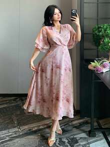 DAZY 女士优雅碎花V领荷叶袖连衣裙，夏季婚礼宾客礼服 - 粉色 - 查看 7