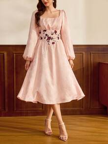 Vintamour Vintage klassisch elegantes Damenkleid, Herbst/Winter tailliertes Jacquard-Kleid, Jacquard-Kleid, Patchwork-Kleid, rosa langärmliges ausgestelltes Kleid - Pink - Übersicht 5