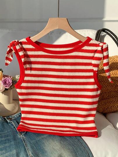 Comfortcana 女士条纹圆领扭肩休闲T恤