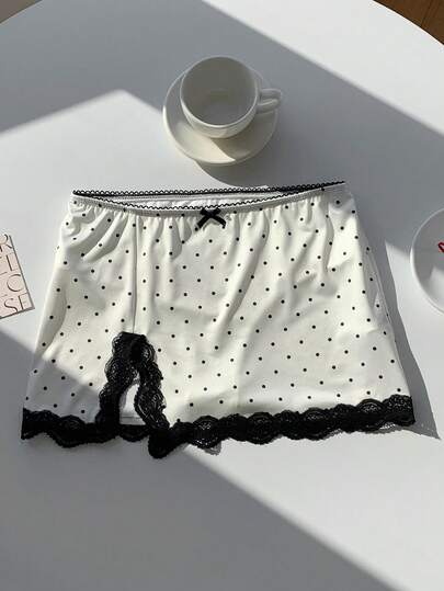 Comfortcana 女士优雅波点印花蕾丝边开衩裙，夏季