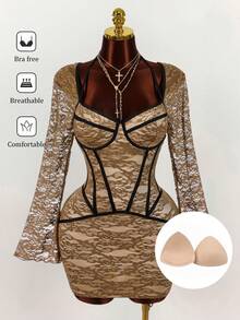 Amplova 大码时尚性感蕾丝喇叭袖修身连衣裙 - 棕色 - 查看 3