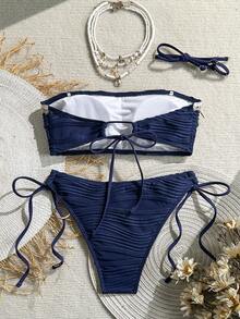 Swim Vcay Summer Women 2pcs Textured Solid Color Shell Strap Decor Halter Tie Bikini Set Set, Handmade Shell Quantity Random - Navy Blue - View 2