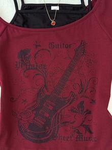 少女Y2K休闲简约黑白波点印花褶皱系带露脐上衣 - 酒紅色 - 查看 5