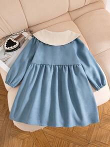 Elladie kids Đầm mùa thu cho bé gái, cổ Peter Pan, trang trí nơ, vạt trước mở, tay dài, dáng rộng, thời trang, thích hợp cho tiệc tùng, sinh nhật 1 tuổi. - Màu xanh lam - Xem 2