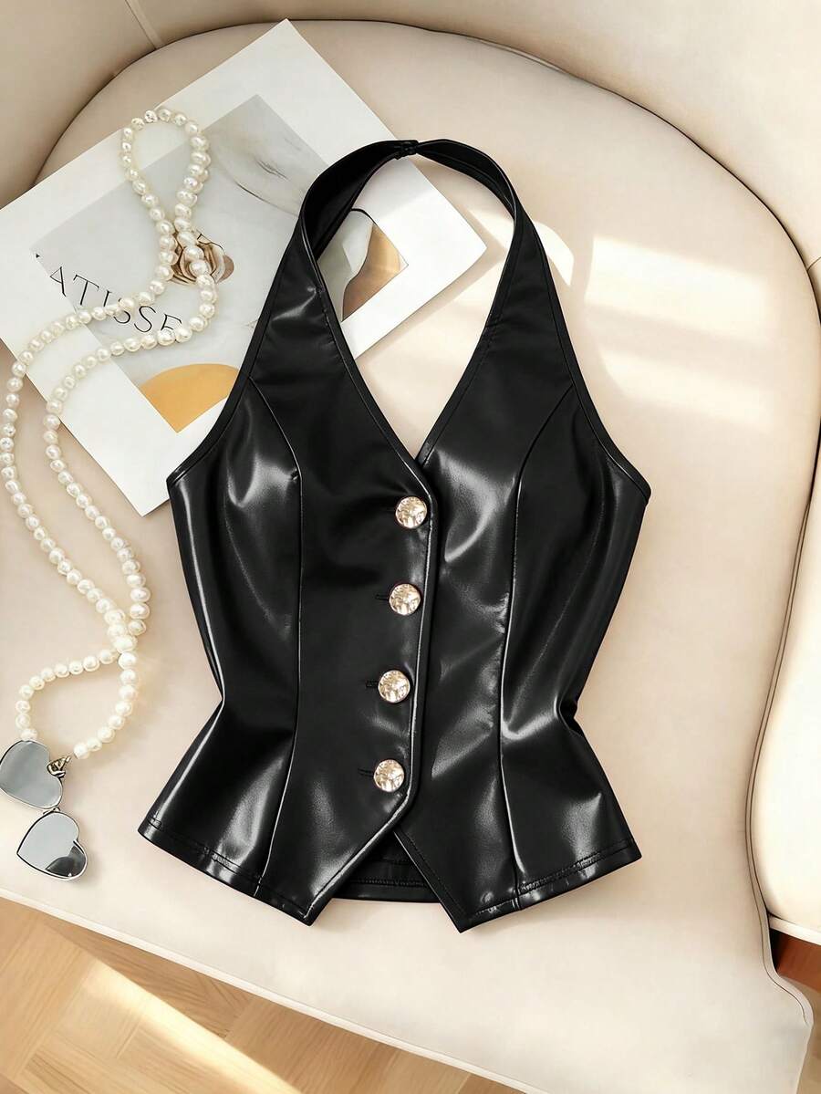 Franclia 新款酒红色纽扣露背女式背心 - 黑色 - 查看 1