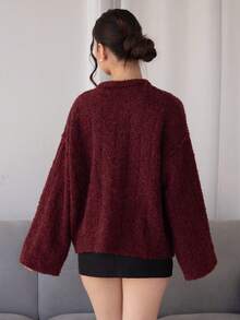 Andrea Bello Oversized Strickjacke mit Knöpfen und Dropped Shoulder, süßer Streetwear-Stil für Herbst, Bauernhaus, Land, Vintage, Herbst, Büro, Abendparty, elegant, Frühlingspullover - Bordeaux - Übersicht 2