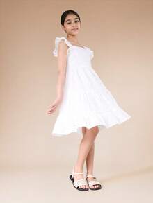 SUMWON 少女方领荷叶袖棉质镂空连衣裙，饰有刺绣细节，中长款，夏季休闲度假风 - 白色 - 查看 4