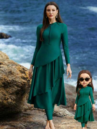 Swim Mulvari Vestido casual de dos piezas de manga larga con pliegues y unicolor para mujer