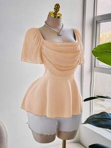 Sweetra 大码女士优雅浪漫雪纺荷叶边袖、荷叶边领、荷叶边下摆衬衫，适合派对、新年、秋冬季节，酒红色 - 杏色 - 查看 2