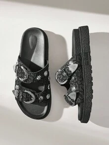 Solecia Women's Fashion Versatile Thick Sole Retro Slide Sandals For Christmas - Black - View 6