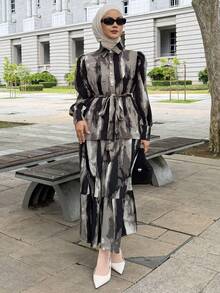 DAZY Women's Casual Floral Puff Sleeve Belted Shirt And Ruffle Hem Skirt 2-Piece Set, Spring/Summer - Black - View 5