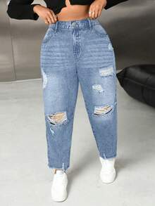 SHEIN SXY 大码破洞修身锥形牛仔裤 大码黑色牛仔裤 黑色牛仔裤 万圣节裤 外出裤 女士牛仔裤 秋季裤 牛仔裤 秋季女装 牛仔裤 牛仔牛仔裤 - 淺色水洗藍 - 查看 5