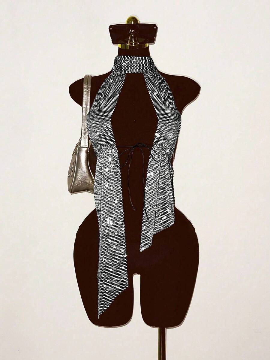 EgrlEra Áo tank top lưới đính đá cho nữ, gợi cảm, xuyên thấu, lấp lánh, thích hợp cho các bữa tiệc ngày lễ. - màu đen - Xem 1