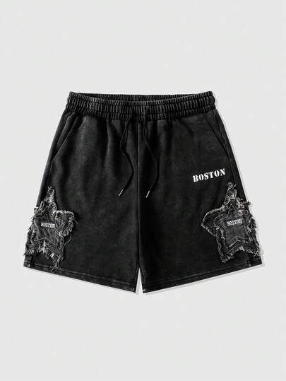 ROMWE MEN Pantalones cortos holgados para hombre con lavado y bordado de estrellas