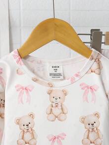 SHEIN 女童休闲舒适卡通图案圆领长袖上衣和裤子家居服套装 - 米色 - 查看 6