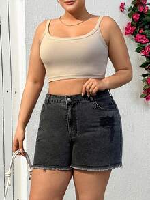 SHEIN 100%Cotton Back Label Detailed Short With Destroy - Black - View 6