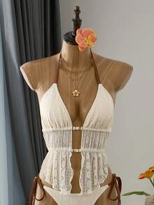 Bellisia Women's Floral Lace Mesh Beaded Decor Contrast Color Halter Neck Blouse, Spring/Summer Vacation - Beige - View 6