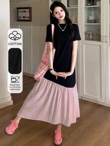 DAZY 女式长款拼布连衣裙、荷叶边连衣裙、休闲女装 - 黑色 - 查看 1