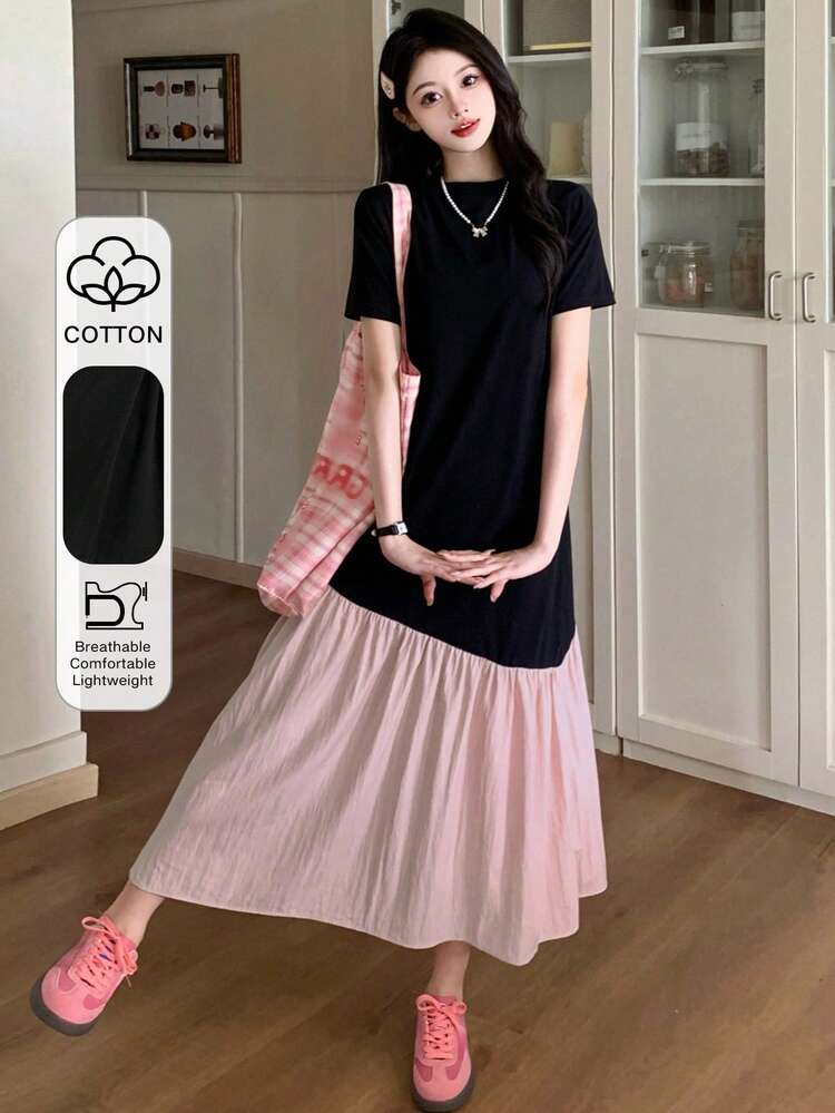 Women's Round Neck Contrast Color Ruffle Hem Casual Mid-Length Dress