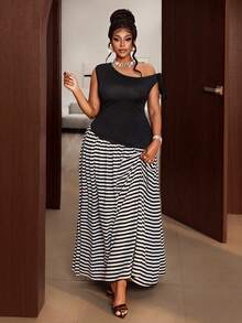 Maweii Plus Size Women's Spring/Summer Asymmetric Shoulder Striped Patchwork Fashion Dress - Black and White - View 5